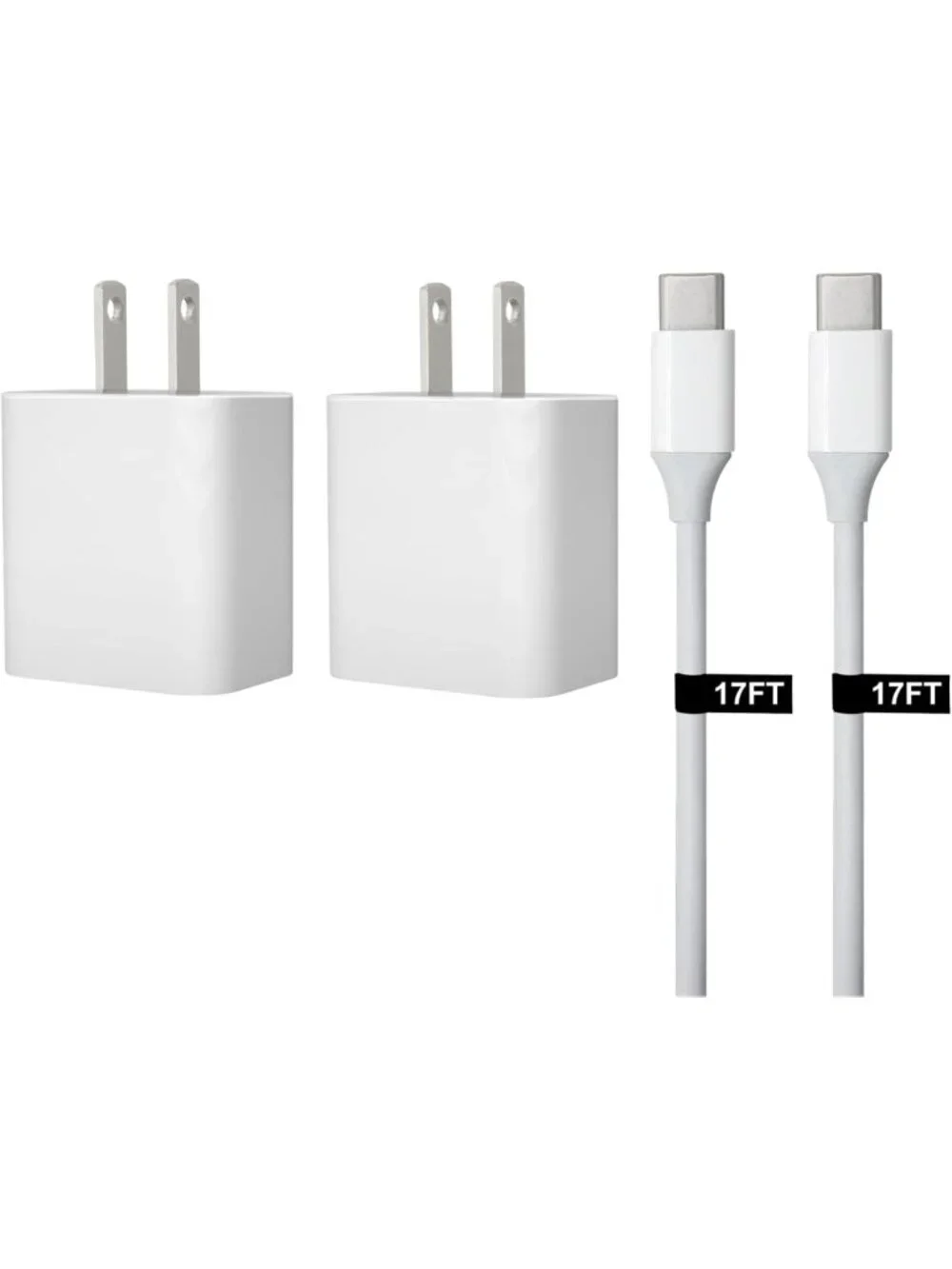 30W USB-C Fast Charger & 17ft Cable for Phones, Tablets & USB-C Devices - 2-Pack